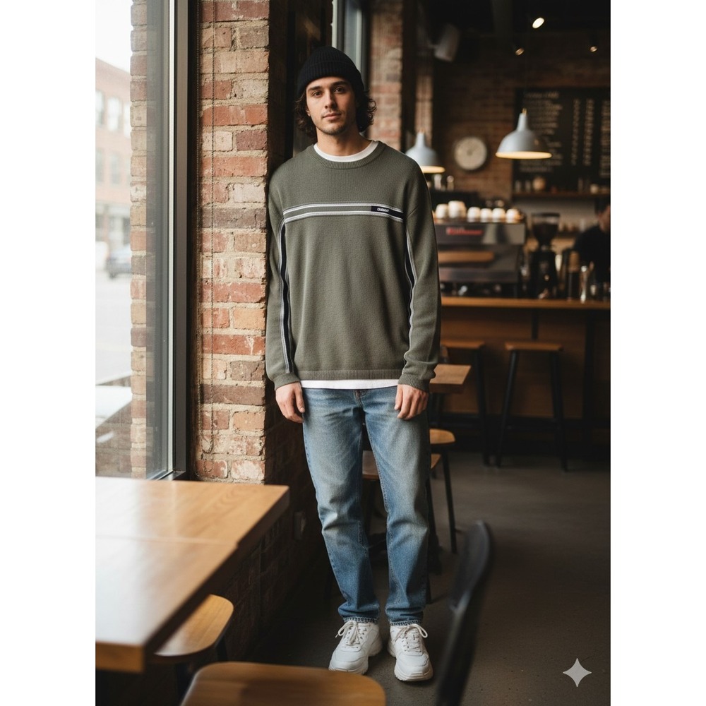 Sideout Sweater Mens S Olive Green Striped Knit Ribbed Pullover Vintage Retro